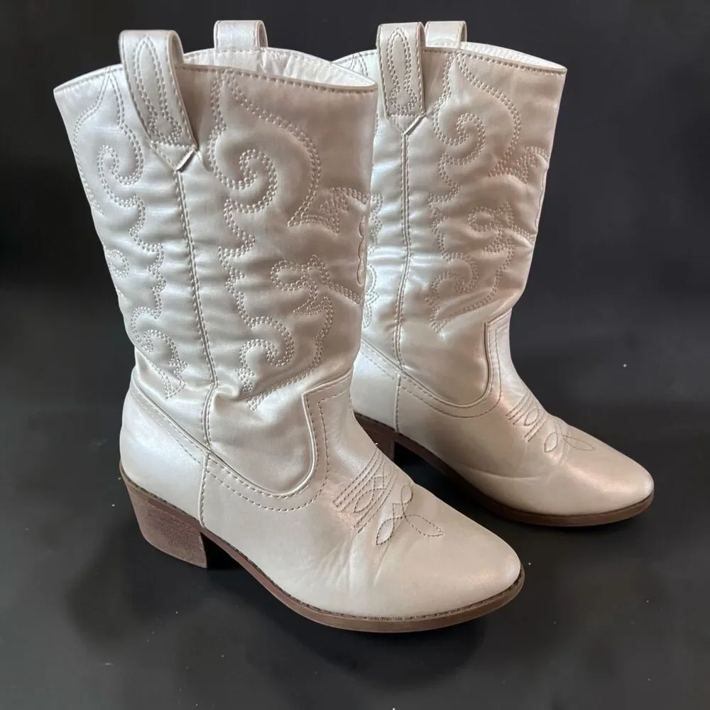 Links Pearl White Western Cowboy Boots Girls Size 1 Embroidered Cowgirl Mid Calf